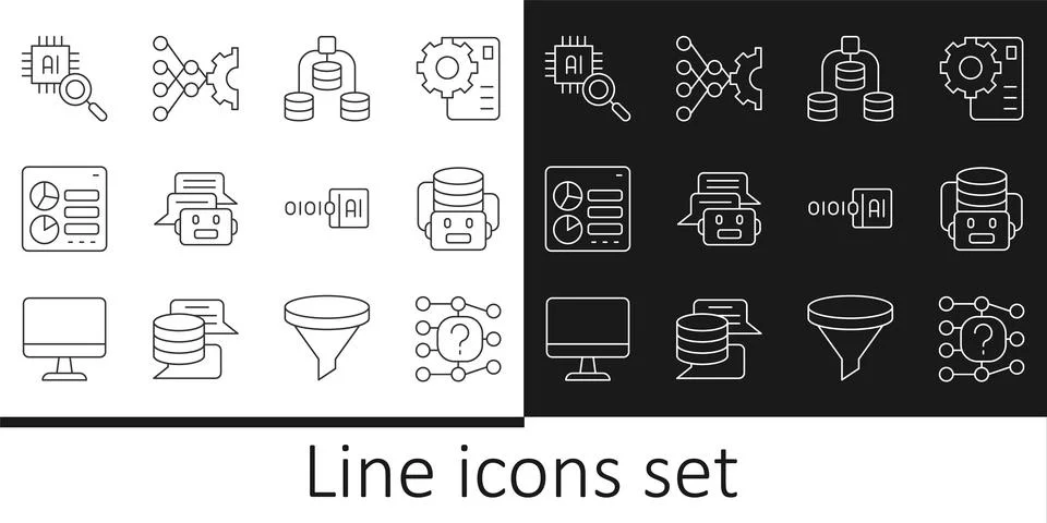 Set line Neural network, Artificial intelligence robot, Server, Data, Chat Stock Illustration