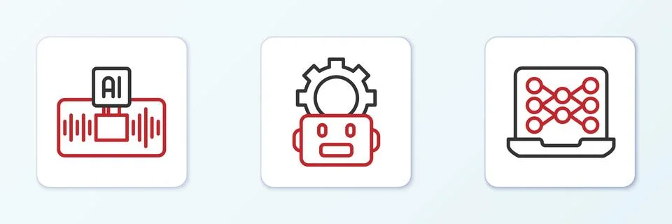 Set line Neural network, Artificial intelligence AI and Robot setting icon... Stock Illustration