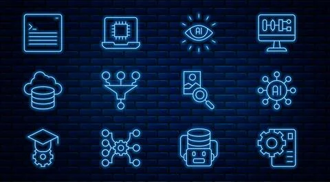 Set line Neural network, Artificial intelligence AI, Funnel filter, Cloud d.. Stockillustratie