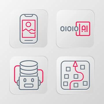 Set line Neural network, Artificial intelligence robot, Binary code and Mob.. Stock Illustration