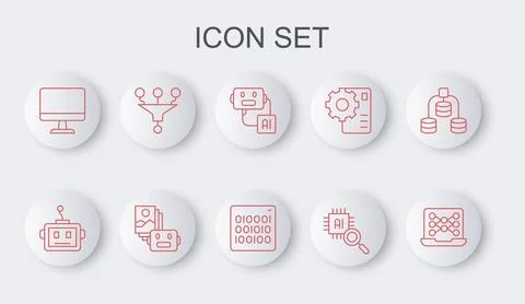 Set line Neural network, Artificial intelligence robot, Processor CPU, Comp.. Stock Illustration