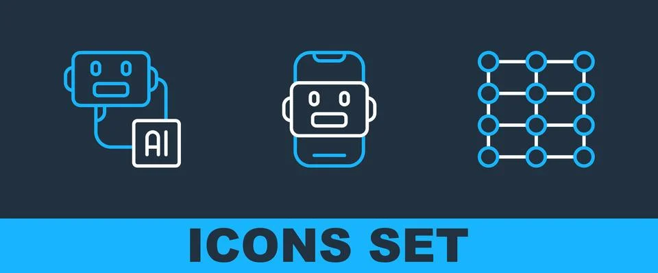 Set line Neural network, Artificial intelligence robot and Chat icon. Vector Stock Illustration