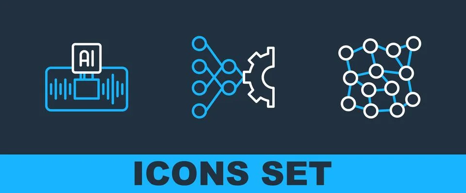 Set line Neural network, Artificial intelligence AI and  icon. Vector Stock Illustration
