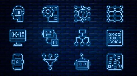 Set line Neural network, Binary code, Artificial intelligence robot, Algorithm Stock Illustration