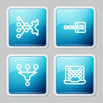 Set line Neural network, Binary code, Funnel filter and icon. Vector Stock Illustration