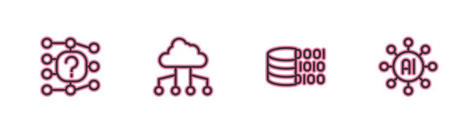 Set line Neural network, Binary code, Network cloud connection and icon. Vector Stock Illustration