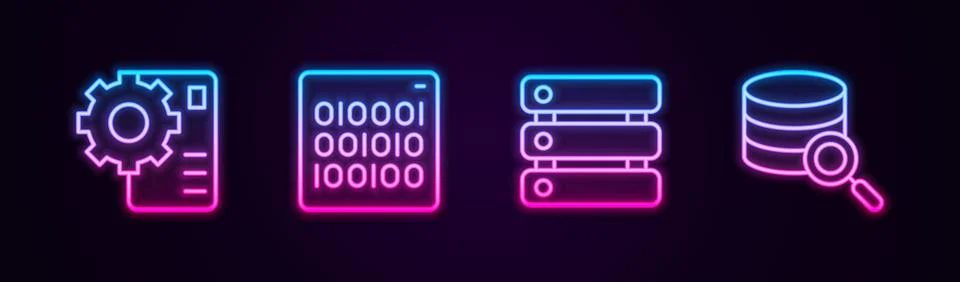 Set line Neural network, Binary code, Server, Data and . Glowing neon icon Stock Illustration