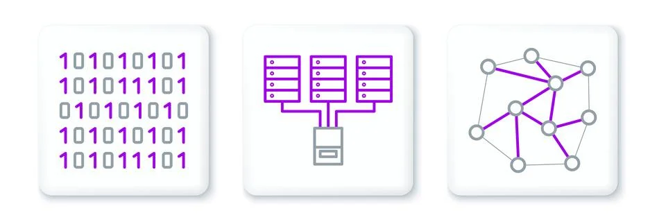 Set line Neural network, Binary code and Server, Data, Web Hosting icon. Vector Stock Illustration