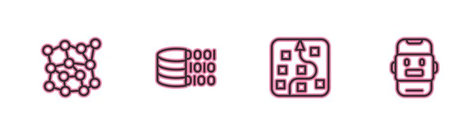 Set line Neural network, Binary code and Chat bot icon. Vector 库存插图
