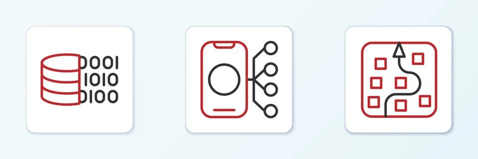 Set line Neural network, Binary code and icon. Vector Stock Illustration