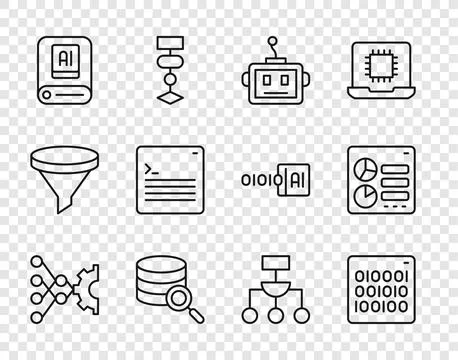 Set line Neural network, Binary code, Artificial intelligence robot, Server.. Stock Illustration
