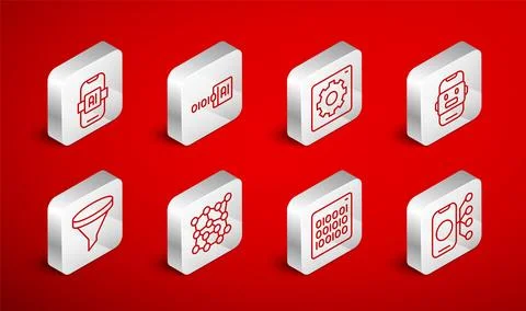 Set line Neural network, Binary code, Computer api interface, Chat bot, Art.. Stock Illustration