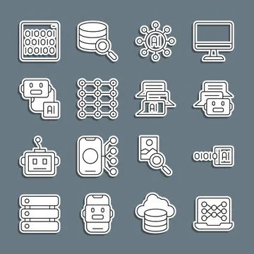 Set line Neural network, Binary code, Chat bot, Artificial intelligence rob.. Stock Illustration
