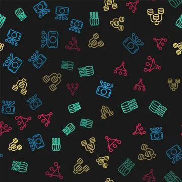 Set line Neural network, Binary code, Server, Data and Funnel filter on sea.. Stock Illustration