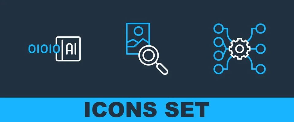Set line Neural network, Binary code and Photo retouching icon. Vector Stock Illustration