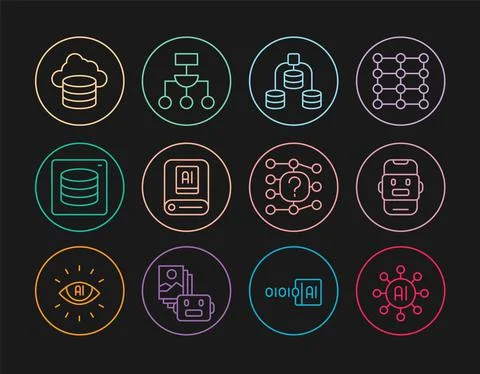Set line Neural network, Chat bot, Server, Data, Artificial intelligence AI イラスト素材