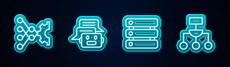Set line Neural network, Chat bot, Server, Data and Algorithm. Glowing neon icon 스톡 일러스트