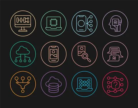 Set line Neural network, Chat bot, Mobile phone, Network cloud connection Stock Illustration