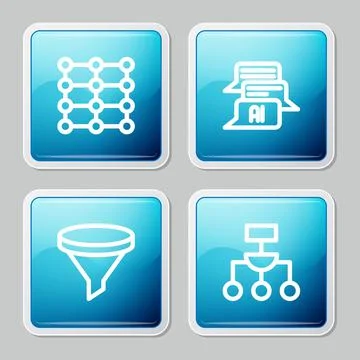 Set line Neural network, Chat bot, Funnel filter and Algorithm icon. Vector Stockillustratie