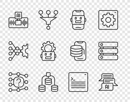 Set line Neural network, Chat bot, Server, Data, Artificial intelligence AI 库存插图