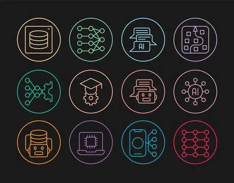 Set line Neural network, Chat bot, Graduation cap, Server, Data, and icon Stock Illustration