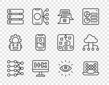 Set line Neural network, Chat bot, Algorithm, Server, Data, Mobile phone, A.. Stock Illustration