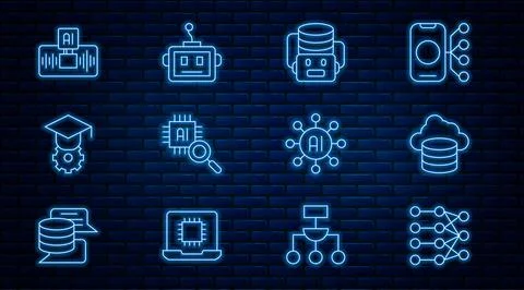 Set line Neural network, Cloud database, Artificial intelligence robot 스톡 일러스트
