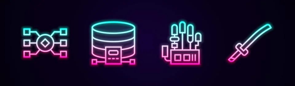 Set line Neural network, Cloud database, Mechanical robot hand and Katana Illustrazione stock