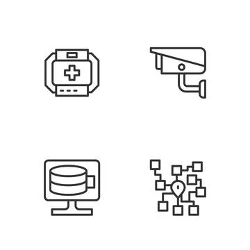 Set line Neural network, Cloud database, First aid kit and Security camera icon Illustrazione stock