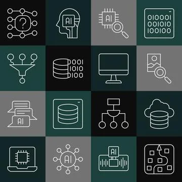 Set line Neural network, Cloud database, Photo retouching, Processor CPU, Binary Illustration