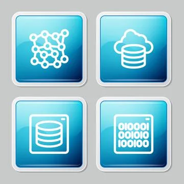 Set line Neural network, Cloud database, Server, Data and Binary code icon Stock Illustration