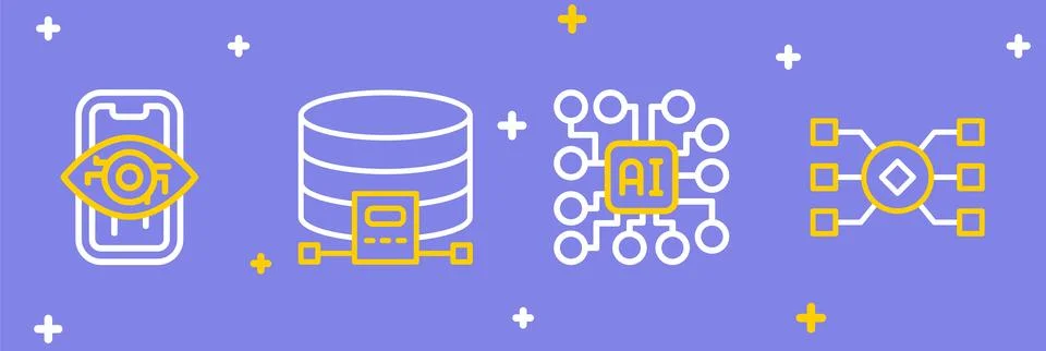 Set line Neural network, Cloud database and Computer vision icon. Vector Illustrazione stock