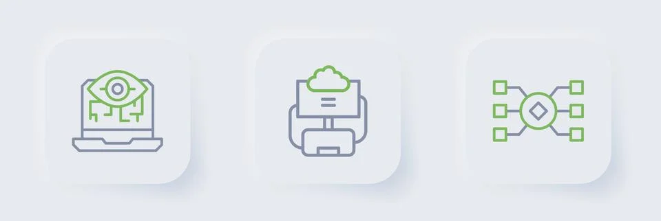 Set line Neural network, Cloud database and Computer vision icon. Vector Stock Illustration