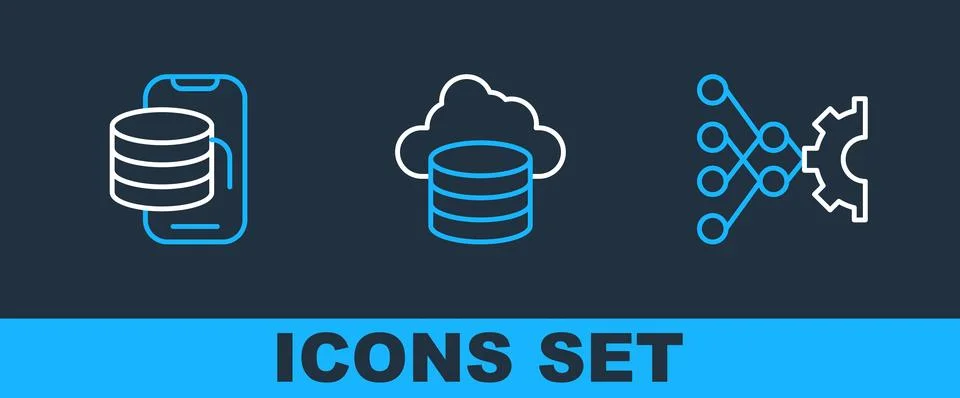 Set line Neural network, Cloud technology data transfer and database icon. .. イラスト素材
