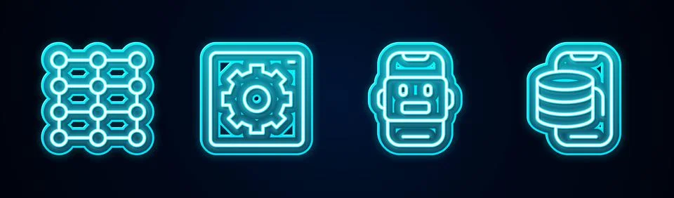 Set line Neural network, Computer api interface, Chat bot and Cloud technology Stock Illustration