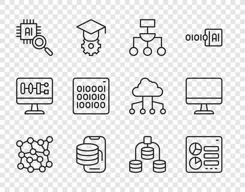 Set line Neural network, Computer api interface, Algorithm, Cloud technology 스톡 일러스트