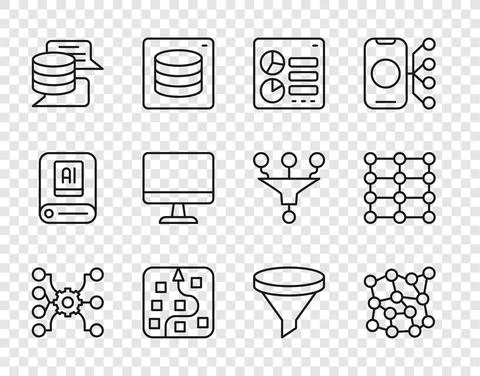 Set line Neural network, Computer api interface, Server, Data, monitor, Funnel イラスト素材