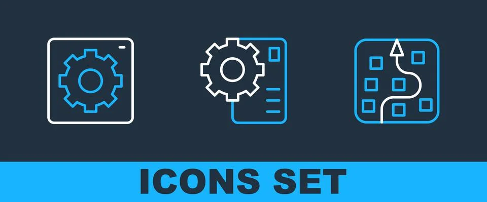 Set line Neural network, Computer api interface and icon. Vector Stock Illustration