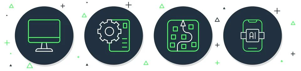 Set line Neural network, Computer monitor and Artificial intelligence AI icon Illustrazione stock