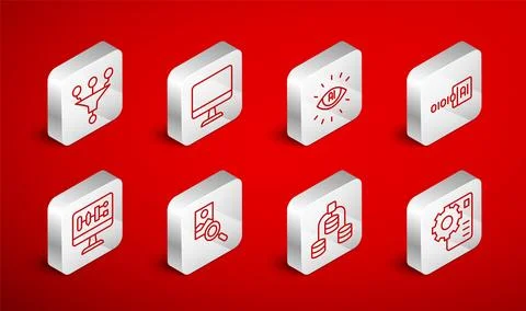 Set line Neural network, Computer monitor, Artificial intelligence AI, Binary Stock Illustration