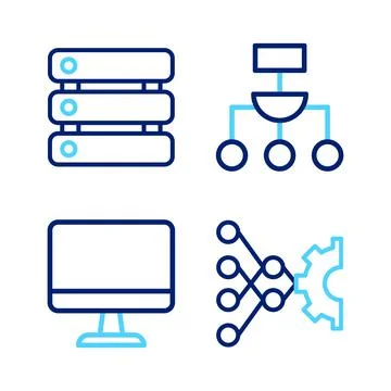 Set line Neural network, Computer monitor, Algorithm and Server, Data icon. V Stock Illustration