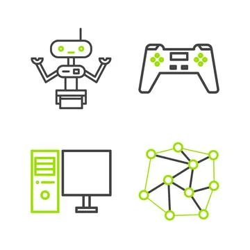 Set line Neural network, Computer monitor, Gamepad and Robot icon. Vector Illustrazione stock