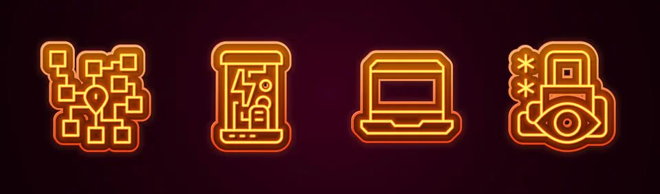 Set line Neural network, Cryogenic capsules, Laptop and Cyber security. Glowing Stock Illustration