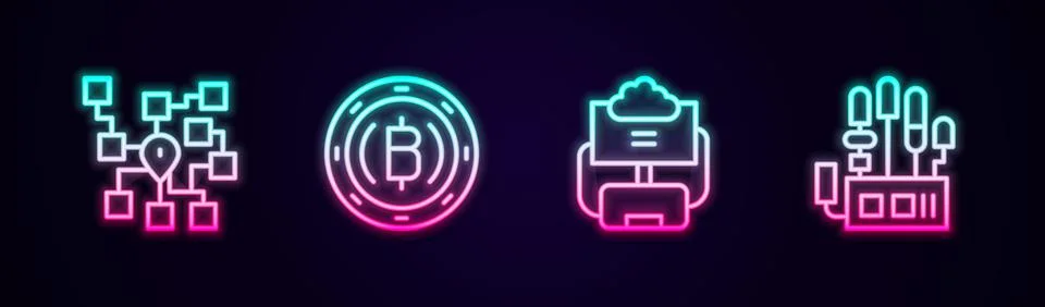 Set line Neural network, Cryptocurrency coin Bitcoin, Cloud database and Illustrazione stock