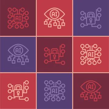 Set line Neural network, Cyber security and Computer vision icon. Vector Illustrazione stock