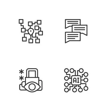 Set line Neural network, Cyber security, and Speech bubble chat icon. Vector Stock Illustration