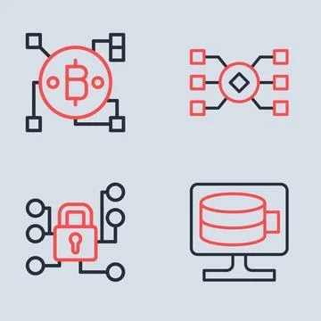 Set line Neural network, Cyber security, Cloud database and Blockchain tech.. Stock Illustration