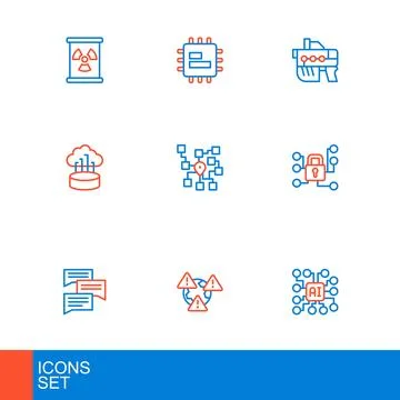Set line Neural network, Earth with exclamation mark, Speech bubble chat, C.. Illustrazione stock
