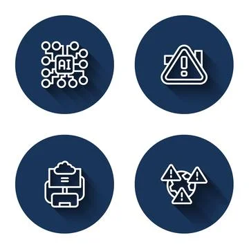 Set line Neural network, Exclamation mark in triangle, Cloud database and Earth Illustrazione stock