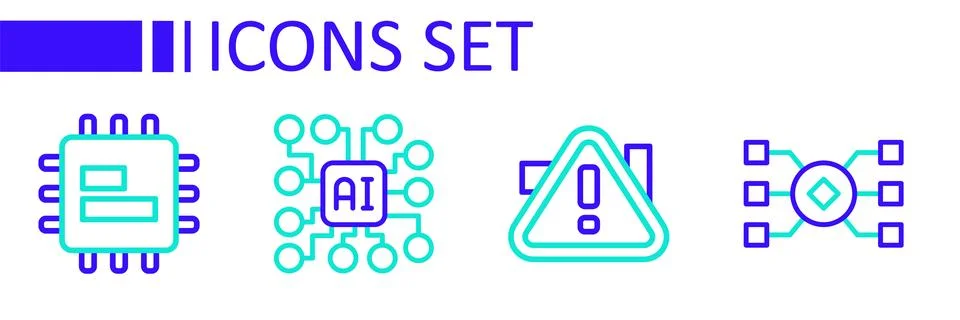 Set line Neural network, Exclamation mark in triangle,  and Processor CPU i.. Stock Illustration